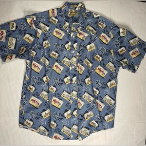 VTG Natural Issue Sz L Hawaiian Aloha Post Stamps Cars Button‎ Down Wrinkle Free